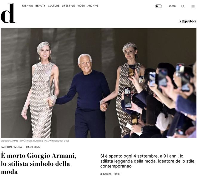 ！乔治·阿玛尼去世享年91岁J9数字平台“时尚之王”陨落